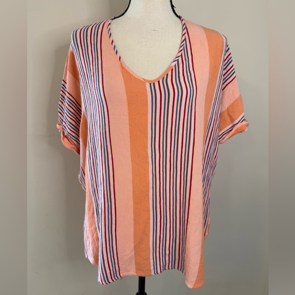 Staccato Gauzy Striped Pink and Blue Top SZ Large